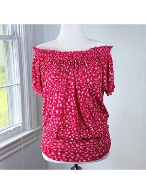 Vintage Y2K Express Bubble Hem Off Shoulder Hot Pink Blouse Large Mesh Peasant